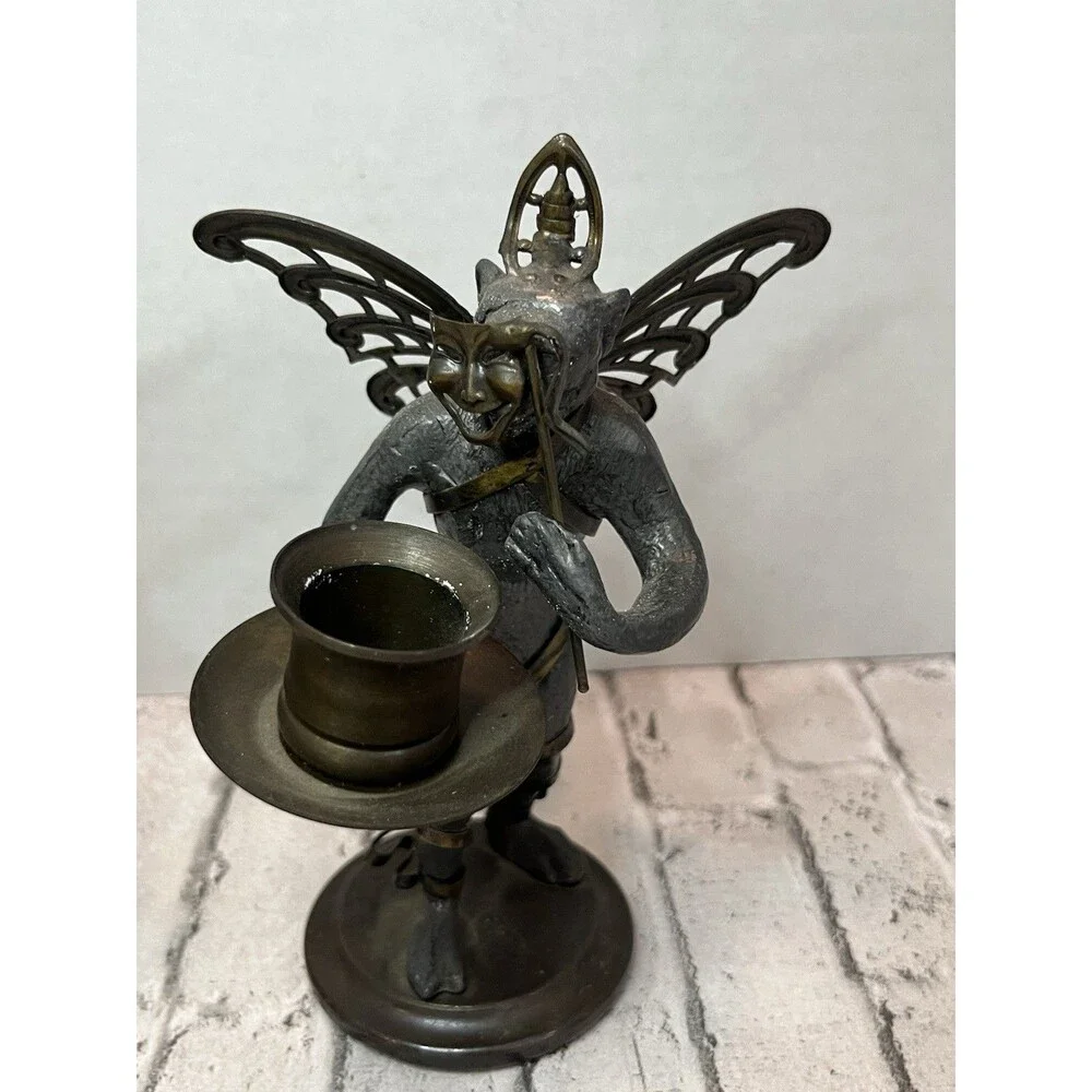 2 “Petites Choses” Pewter & Brass Flying Monkey Candle Holders Comedy & Tragedy
